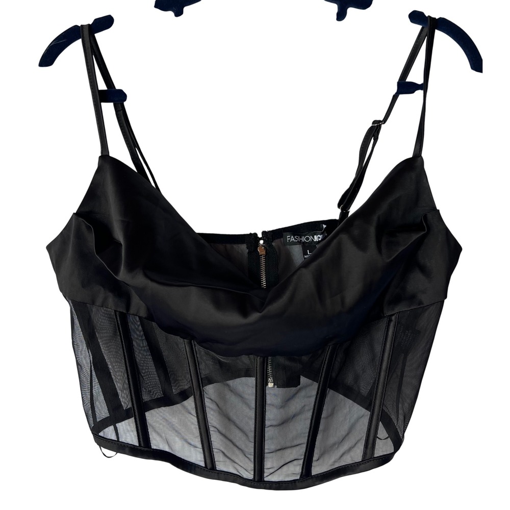 Fashion Nova Black‎ Mesh Corset Top, Adjustable Strap, L